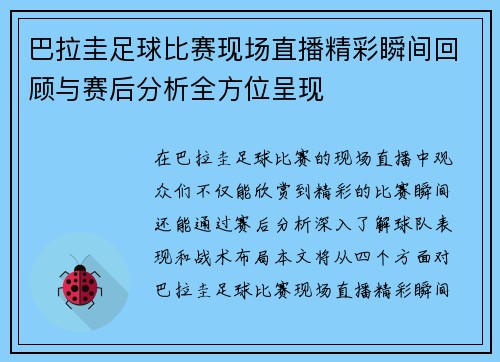 巴拉圭足球比赛现场直播精彩瞬间回顾与赛后分析全方位呈现